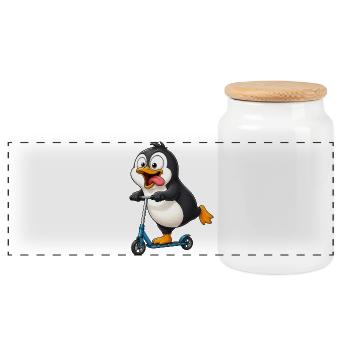 Cute Penguin Cartoon on Scooter - Panoramic Cookie Jar with Wooden Lid - white - Front