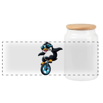 Cooler Pinguin auf Einrad Lustiges Comic - Panorama Keksdose mit Holzdeckel - Weiß - Vorne