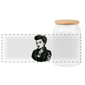 Rebellisches 50s Pin-Up Girl Lederjacke - Panorama Keksdose mit Holzdeckel - Weiß - Vorne