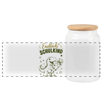 Endlich Schulkind Dino Stift - Panorama Keksdose mit Holzdeckel - Weiß - Vorne