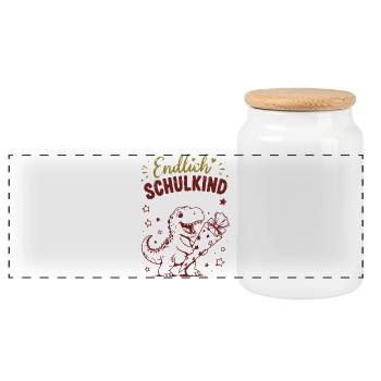 Endlich Schulkind Dino Geschenk - Panorama Keksdose mit Holzdeckel - Weiß - Vorne