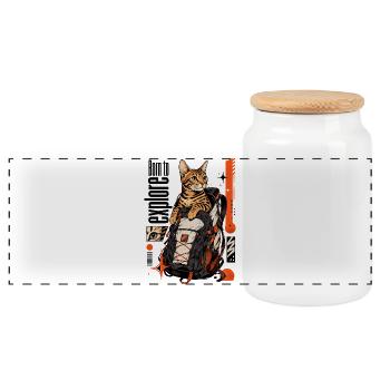 Born to Explore – Adventure Bengal Cat - Panoramic Cookie Jar with Wooden Lid - white - Front