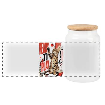 Ready to Play – Playing Bengal Cat in Action - Panoramic Cookie Jar with Wooden Lid - white - Front