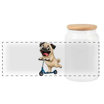 Pug Dog Scooter Scooter Funny Cartoon - Panoramic Cookie Jar with Wooden Lid - white - Front