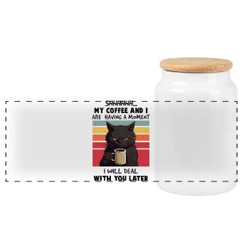 A funny vintage design featuring a grumpy black ca - Panoramic Cookie Jar with Wooden Lid - white - Front