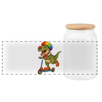 Cute Dino T-Rex Clown on Roller - Panoramic Cookie Jar with Wooden Lid - white - Front