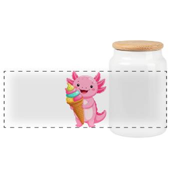 Pink Comic Axolotl with School Cone – Back to School Art - Panoramic Cookie Jar with Wooden Lid - white - Front