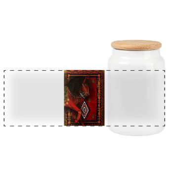 Rotes Pferd auf geometrischem Teppich - Panorama Keksdose mit Holzdeckel - Weiß - Vorne