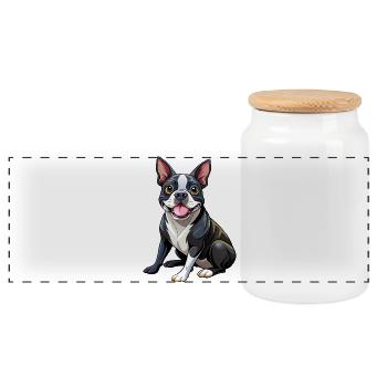 Boston Terrier Hundesitting - Panorama Keksdose mit Holzdeckel - Weiß - Vorne