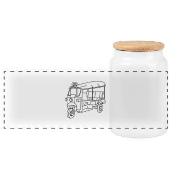 Tuk-Tuk, Taxi aus Indien - Panorama Keksdose mit Holzdeckel - Weiß - Vorne