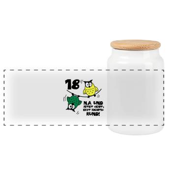 18 anniversaire, hiboux sur la corde, rond - Boîte à biscuits avec couvercle en bois - blanc - Devant