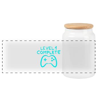 Level 1 complete 1 birthday game console - Panoramic Cookie Jar with Wooden Lid - white - Front