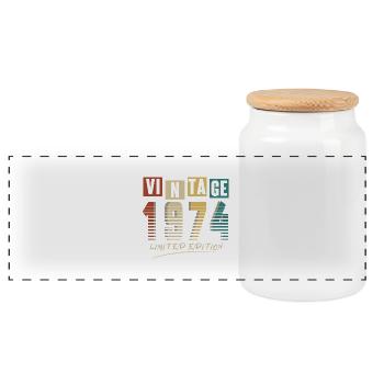 1974 Jahrgang 1974 Jahrgang 1974 Geburtstag. Jahr 2 - Panorama Keksdose mit Holzdeckel - Weiß - Vorne