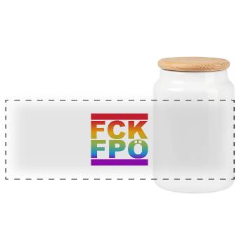 FCK FPÖ - LGBTQ Rainbow Colors - Panoramic Cookie Jar with Wooden Lid - white - Front