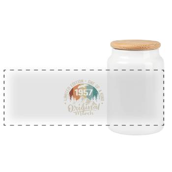 March 1957 Birthday Gift - Born in march 1957 - Panoramic Cookie Jar with Wooden Lid - white - Front