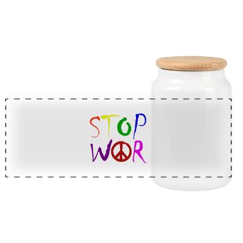 STOP WAR with Peace Sign Peace Symbol – NO WAR - Panoramic Cookie Jar with Wooden Lid - white - Front
