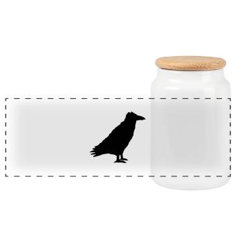Raven Bird Stands Crow Silhouette Outline Black - Panoramic Cookie Jar with Wooden Lid - white - Front