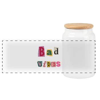 Quirky 'Bad Vibes': Bold Typographic Design - Panoramic Cookie Jar with Wooden Lid - white - Front