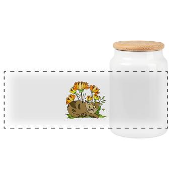 Cat - Panoramic Cookie Jar with Wooden Lid - white - Front