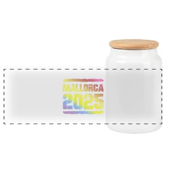 Mallorca 2025 Bunt - Panorama Keksdose mit Holzdeckel - Weiß - Vorne