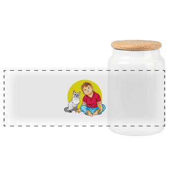 Boy is talking to a Siamese cat - Panoramic Cookie Jar with Wooden Lid - white - Front