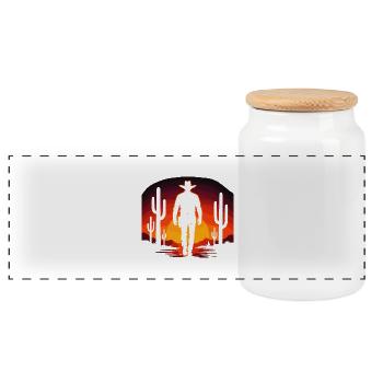 Desert Cowboy - Sunset Western - Panoramic Cookie Jar with Wooden Lid - white - Front