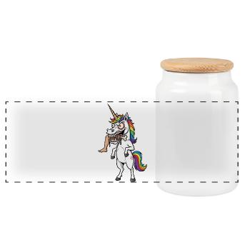 Verrücktes Einhorn – BISS ZUM UMfallen! - Panorama Keksdose mit Holzdeckel - Weiß - Vorne