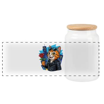 Coole Katze mit Rose – Charme Offensive! - Panorama Keksdose mit Holzdeckel - Weiß - Vorne