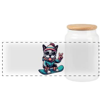 Boston Terrier Snowboard Winter Comic - Panorama Keksdose mit Holzdeckel - Weiß - Vorne