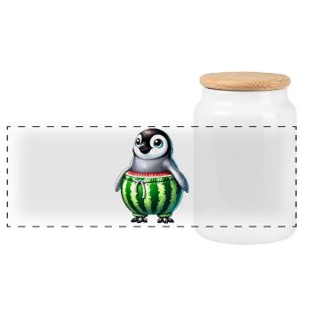 Funny Penguin with Melon Watermelon Fruit - Panoramic Cookie Jar with Wooden Lid - white - Front