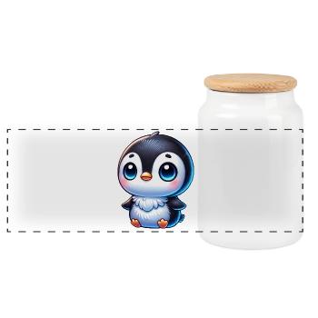 Süßer Chibi Pinguin Cartoon mit blauen Augen - Panorama Keksdose mit Holzdeckel - Weiß - Vorne