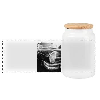 Vintage Automobile in Black and White - Panoramic Cookie Jar with Wooden Lid - white - Front