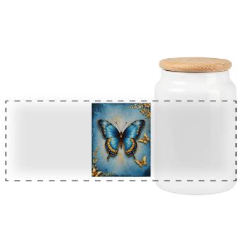 Azurblauer Schmetterling mit Goldakzenten - Panorama Keksdose mit Holzdeckel - Weiß - Vorne