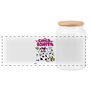 cat "chica bonita" - Panoramic Cookie Jar with Wooden Lid - white - Front