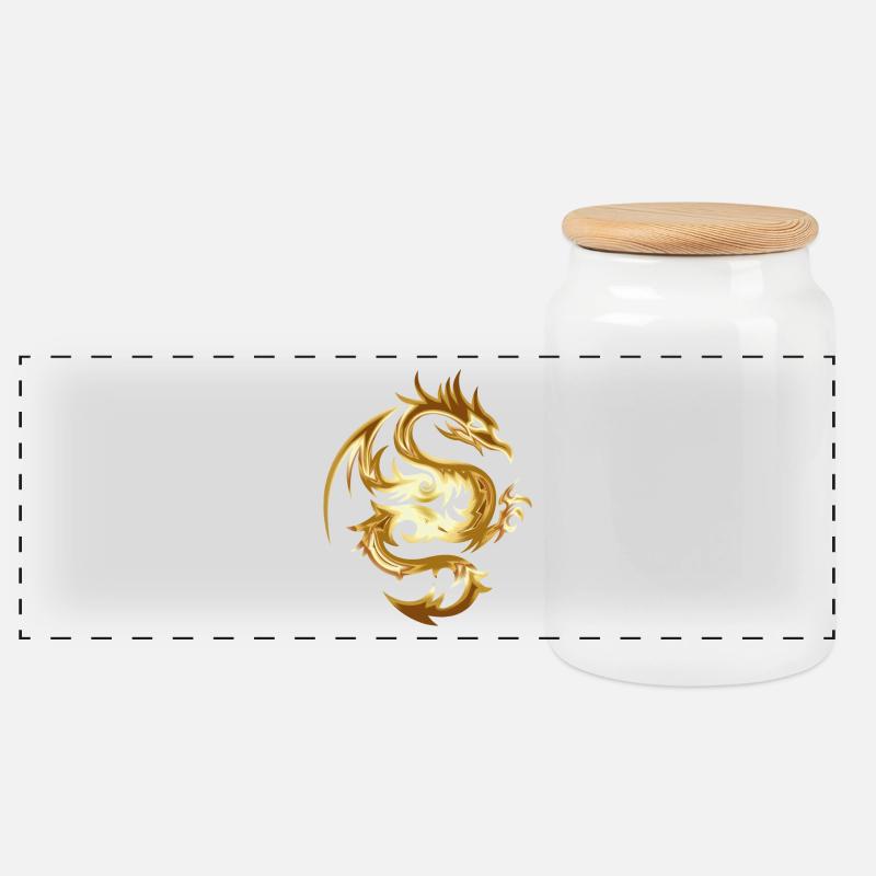 goldener Drache - Panorama Keksdose mit Holzdeckel - Weiß