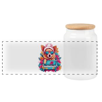 Dog with Piano - Panoramic Cookie Jar with Wooden Lid - white - Front