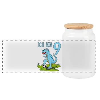 Dinosaure Rex Football 9 Anniversaire Bleu - Boîte à biscuits avec couvercle en bois - blanc - Devant