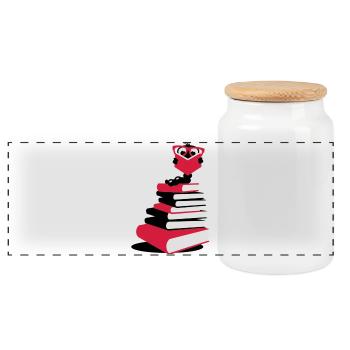 A bookworm reading - Panoramic Cookie Jar with Wooden Lid - white - Front