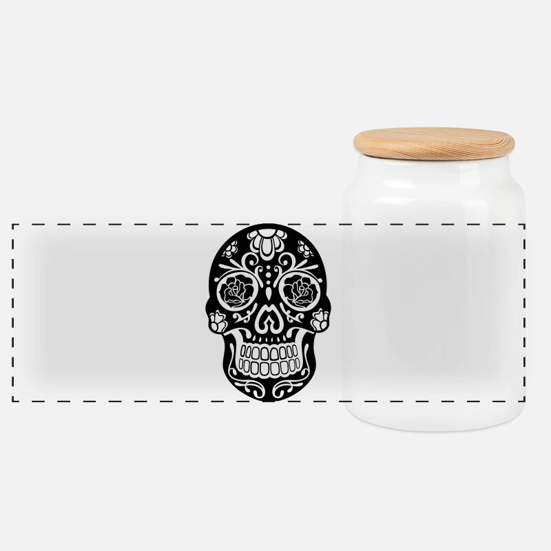 Sugar Skull Floral – Día de los Muertos Skull Blac - Panoramic Cookie Jar with Wooden Lid - white