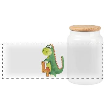 Dino With Number 4 I Fourth Birthday Dinosaur - Panoramic Cookie Jar with Wooden Lid - white - Front