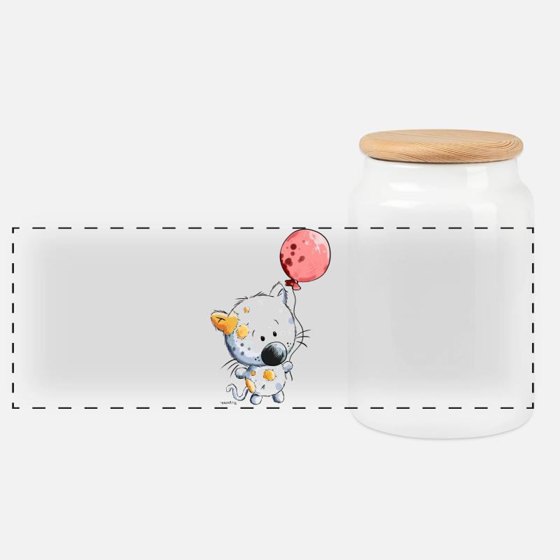 Katze mit Ballon - Panorama Keksdose mit Holzdeckel - Weiß