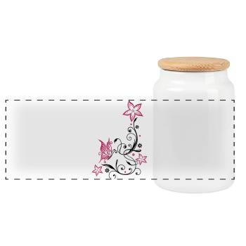 Florale Ranke mit Blüten und Schmetterling - Panorama Keksdose mit Holzdeckel - Weiß - Vorne