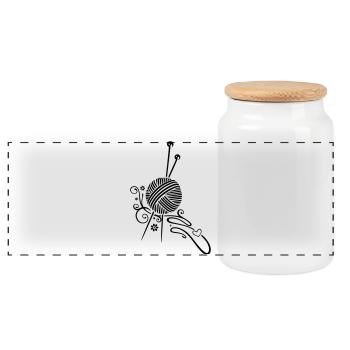 Knitting needles with wool and flowers. - Panoramic Cookie Jar with Wooden Lid - white - Front