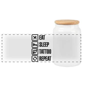 Eat - Sleep - Tattoo - Repeat - Panoramic Cookie Jar with Wooden Lid - white - Front
