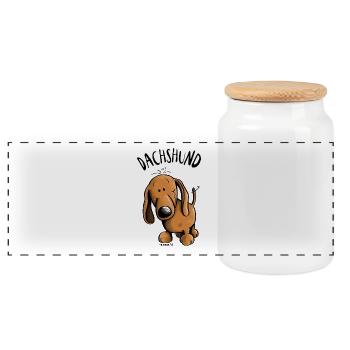 Drolliger Dachshund - Dackel - Teckel - Panorama Keksdose mit Holzdeckel - Weiß - Vorne