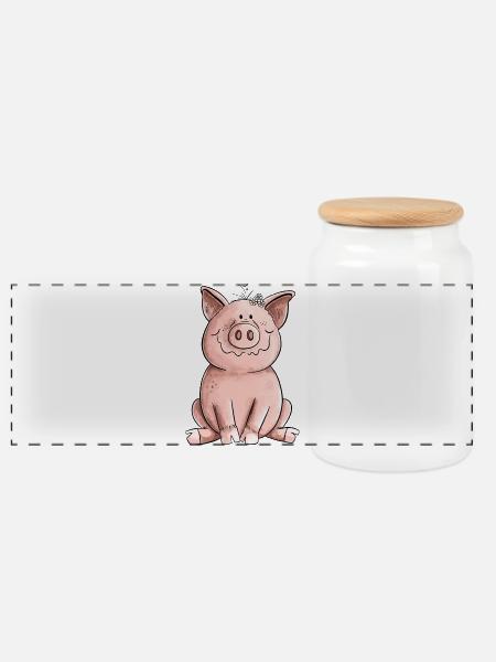 Glückliches Schwein - Panorama Keksdose mit Holzdeckel - Weiß