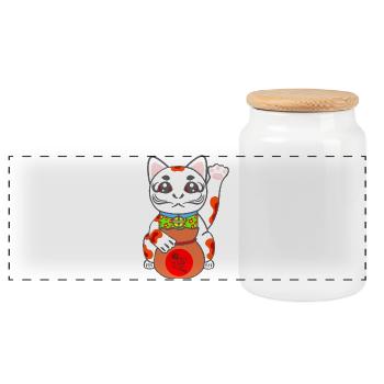 Maneki Neko, Glückskatze, japanese Bobtail Katze - Panorama Keksdose mit Holzdeckel - Weiß - Vorne