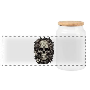 Cool boho skull with tattoos and flowers - Panoramic Cookie Jar with Wooden Lid - white - Front