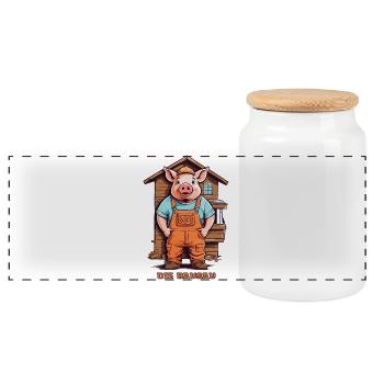 Bob the Construction Sow, Craftsman Pig - Panoramic Cookie Jar with Wooden Lid - white - Front