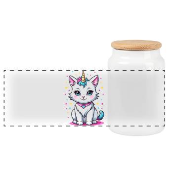 Cute Cat Unicorn - Panoramic Cookie Jar with Wooden Lid - white - Front